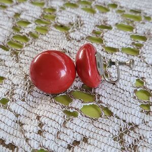 Vintage Screw  Red Button Earrings  